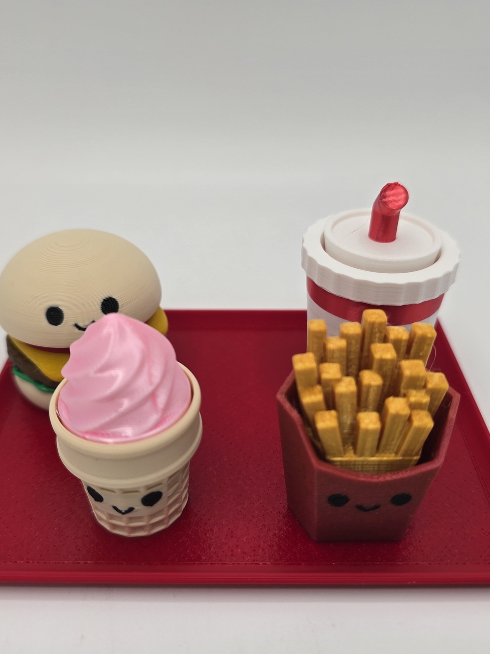 3D Printed Toy Food Clickers - Pink Ice Cream & Red Tray Pretend Snack Set